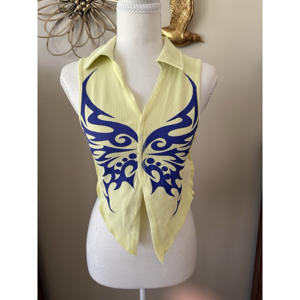New Girl Order Butterfly Crop Top UK 10 US 6 Yellow Blue Y2K NWT